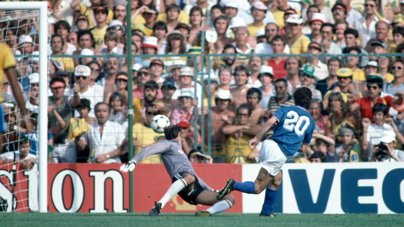 Italy v Argentina 1982 World Cup Paolo Rossi (blue) runs to a pass into